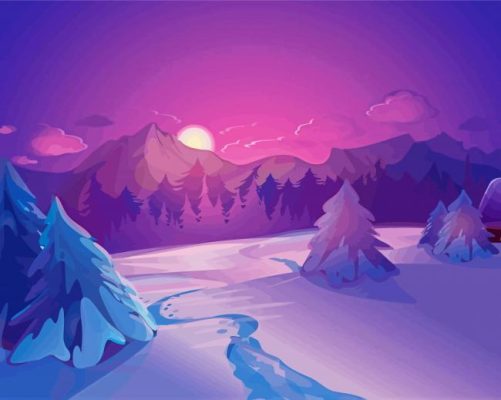 Purple Scene Snowy Landscape Paint By Numbers