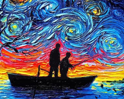 Starry Night Father And Son Fishing Silhouette Paint By Numbers