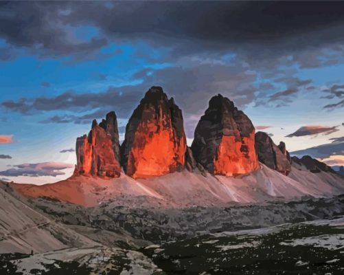 Tre Cime Di Lavaredo Range Mountains At Sunset In Italy Paint By Numbers