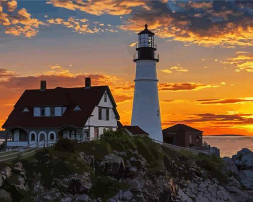 Aesthetic Portland Head Light Sunset View Paint By Numbers