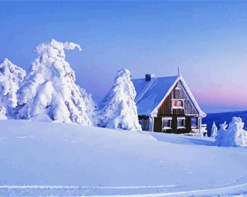 Beautiful House In Frozen Forest Paint By Numbers