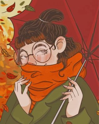 Cartoon Autumn Girl With Umbrella Paint By Numbers