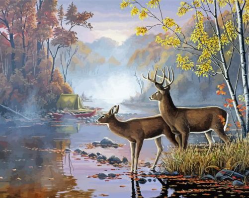 Deer By The River In Forest Paint By Numbers