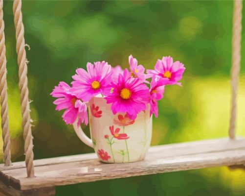 Pink Flowers In Cup Paint By Numbers