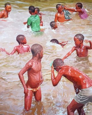 Aesthetic African Children Bathing Paint By Numbers