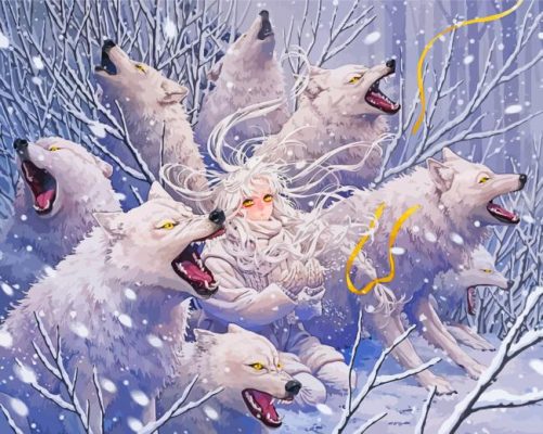 Anime Girl White Wolves Paint By Numbers