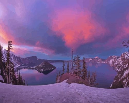 Beautiful View Of Crater Lake In Snow Paint By Numbers