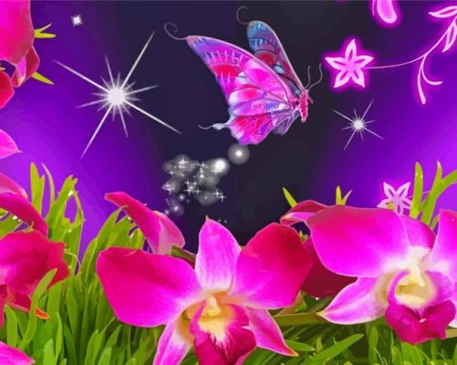 Blooming Pink Orchid And Butterfly Paint By Numbers