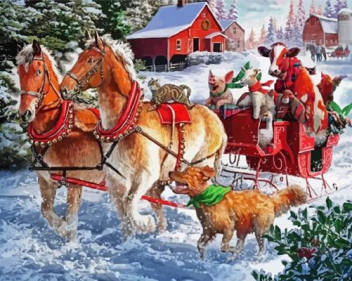 Christmas Horse Sleigh With Dogs Paint By Numbers