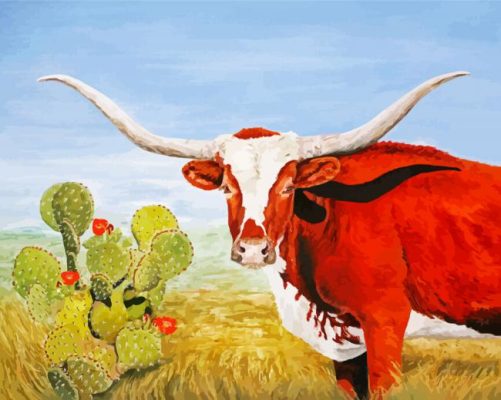 Longhorn Cows With Cactus Paint By Numbers