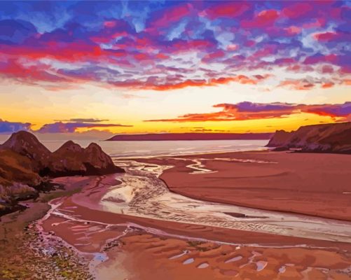 Three Cliffs Bay Swansea At Sunset Paint By Numbers