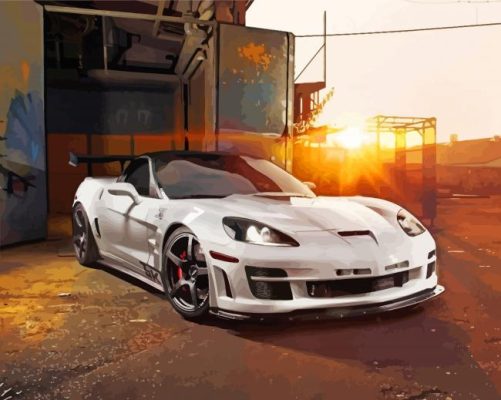 White Corvette At Sunset Paint By Numbers