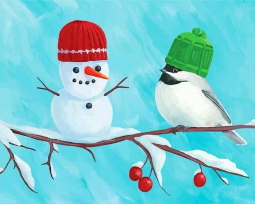 Little Snowman And Bird Paint By Numbers