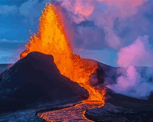 Mountain Volcano Erupting With Pink Cloud Paint By Numbers