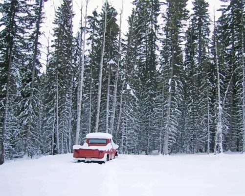 Red Truck In Snowy Forest Paint By Numbers