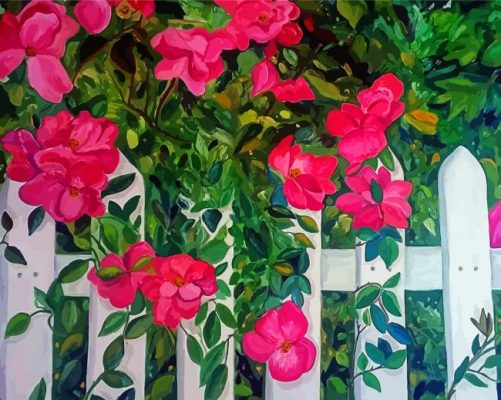 Pink Roses On A White Picket Fence Paint By Numbers