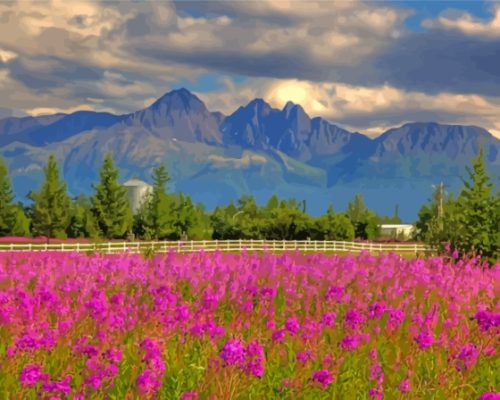 Flower Field With Pioneer Peak View Paint By Numbers