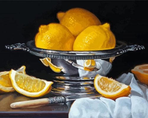 Lemons In Silver Bowl Paint By Numbers