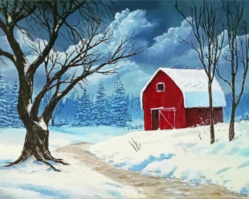 Red Barn In Winter Paint By Numbers