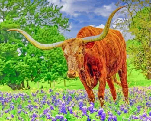 Aesthetic Bluebonnets And Longhorn Animal Paint By Numbers