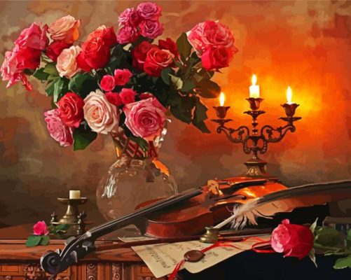 Aesthetic Still Life With Roses And Violin Paint By Numbers