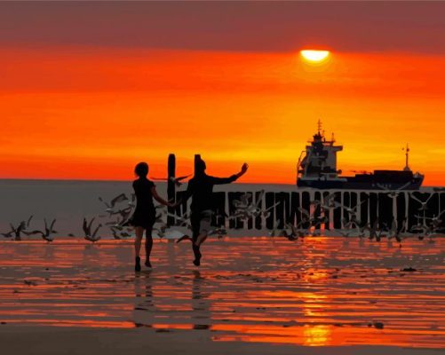 Sunset Beach With Children Paint By Numbers