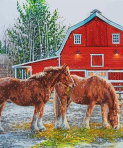 Winter Red Barn Horse Paint By Numbers