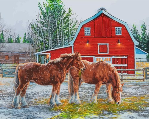 Winter Red Barn Horse Paint By Numbers