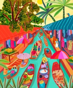 Bangkok Floating Market Illustration Art Paint By Numbers