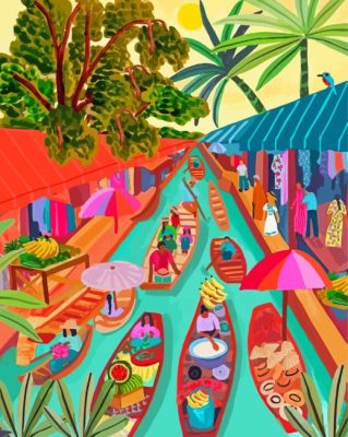 Bangkok Floating Market Illustration Art Paint By Numbers