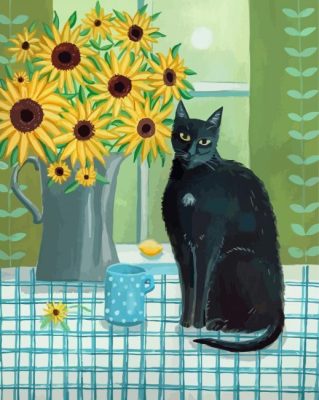 Black Cat And Sunflowers Vase Paint By Numbers