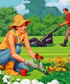 Man Mowing Grass In Garden Paint By Numbers