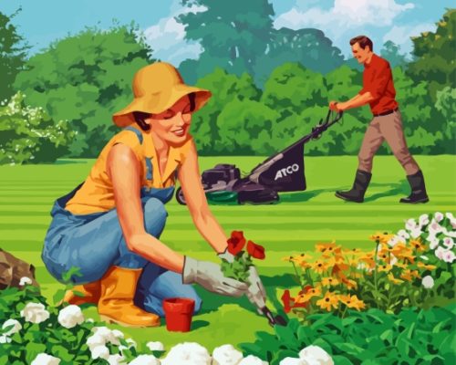 Man Mowing Grass In Garden Paint By Numbers