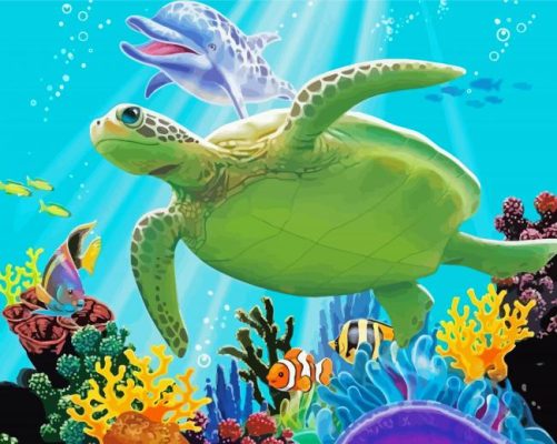 Turtle And Dolphin Underwater Paint By Numbers