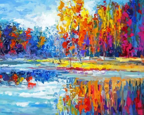 Abstract Lake In Red Forest Paint By Numbers