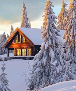 Aesthetic Norwegian Cabin In Snow Paint By Numbers