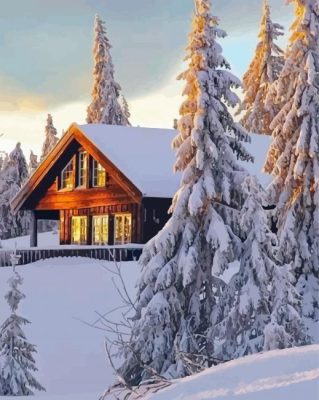 Aesthetic Norwegian Cabin In Snow Paint By Numbers