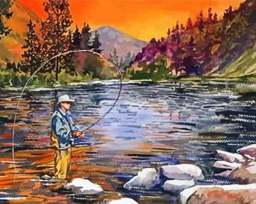 Man Fishing By The Mountain Paint By Numbers