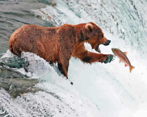 Bears Fishing In Waterfall Paint By Numbers