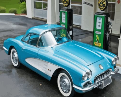 Blue Corvette In Gas Station Paint By Numbers