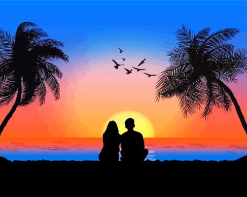 Couple Silhouette Sitting Beside Sea At Sunset Paint By Numbers