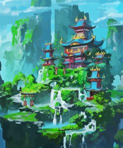 Fantasy Pagoda Castle Waterfall Japan Paint By Numbers