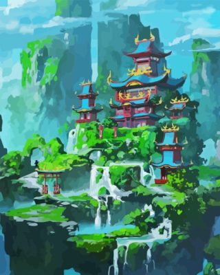 Fantasy Pagoda Castle Waterfall Japan Paint By Numbers