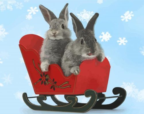 Two Christmas Bunnies In A Toy Sledge Paint By Numbers