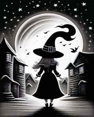 Black And White Halloween Witch Paint By Numbers