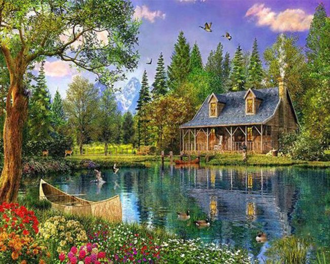 Cabin Scenery Lake View Paint By Numbers