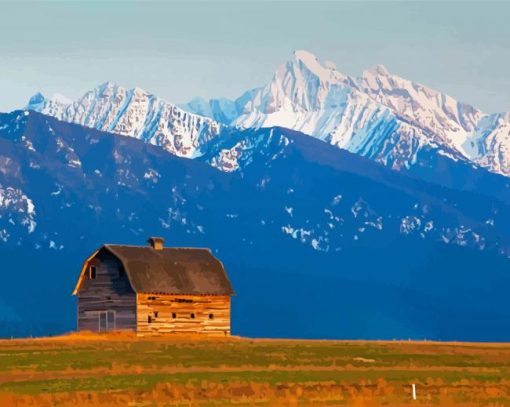Aesthetic-Montana-mountains-with-barn-paint-by-numbers