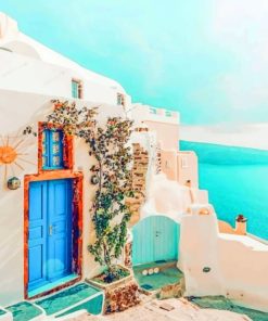 Blue and White Santorini House Paint By Numbers
