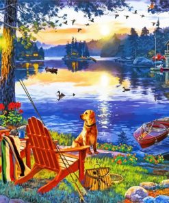 Dog by Lake Scenery Paint By Numbers