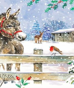 Snowy Donkey and Robins Paint By Numbers